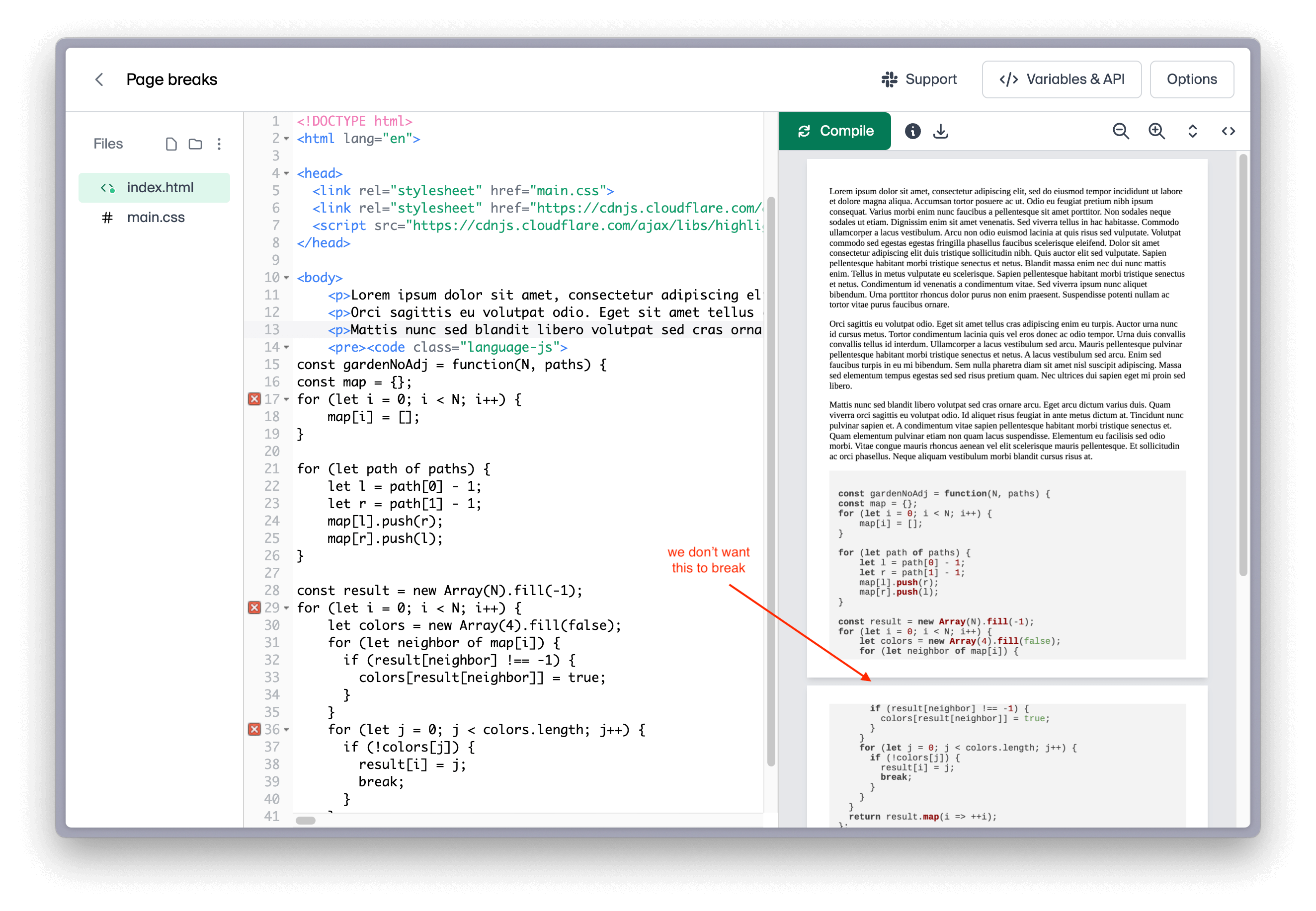 A code block being cut in half due to a page break