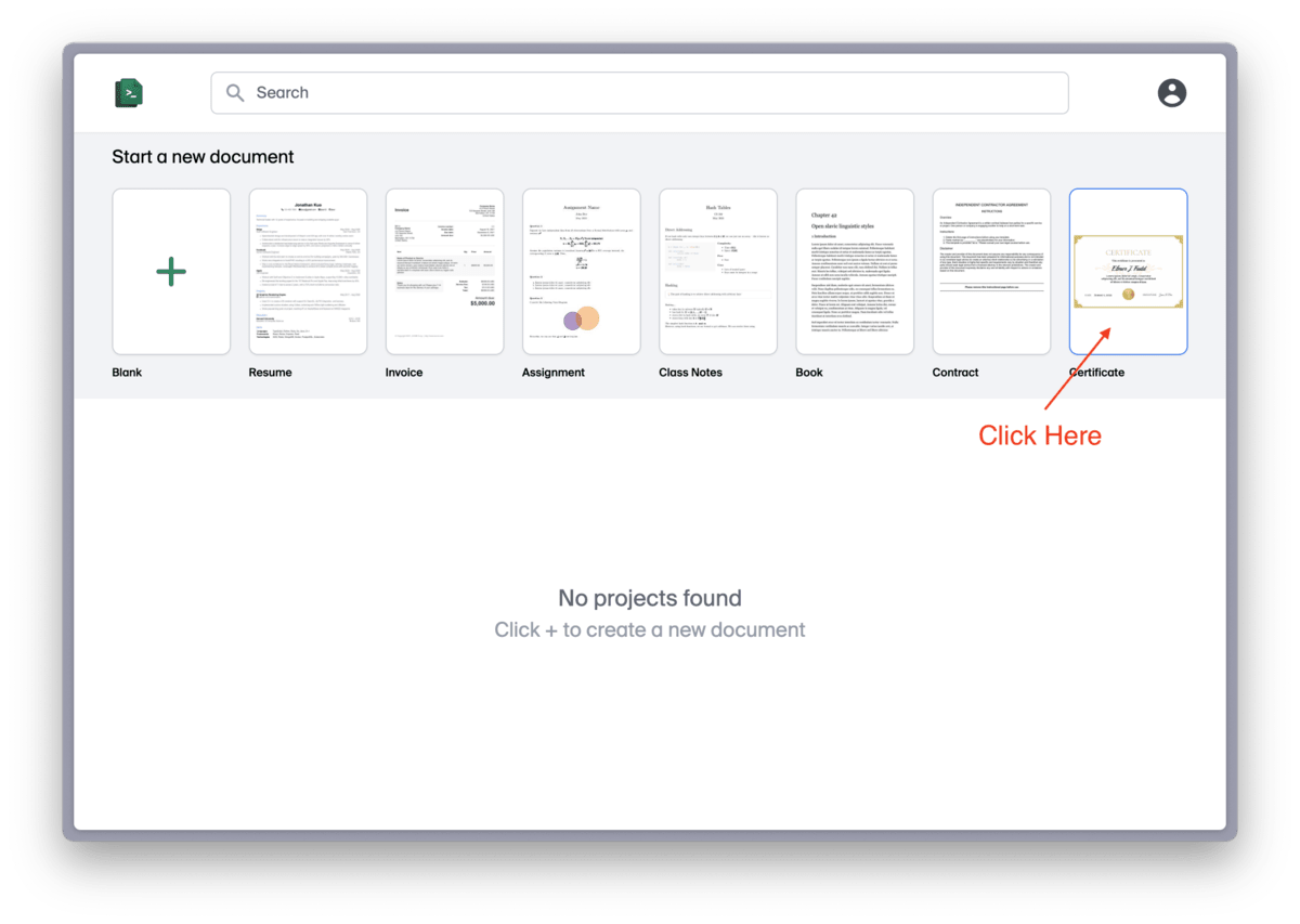 Selecting the Certificate template on the htmldocs projects page